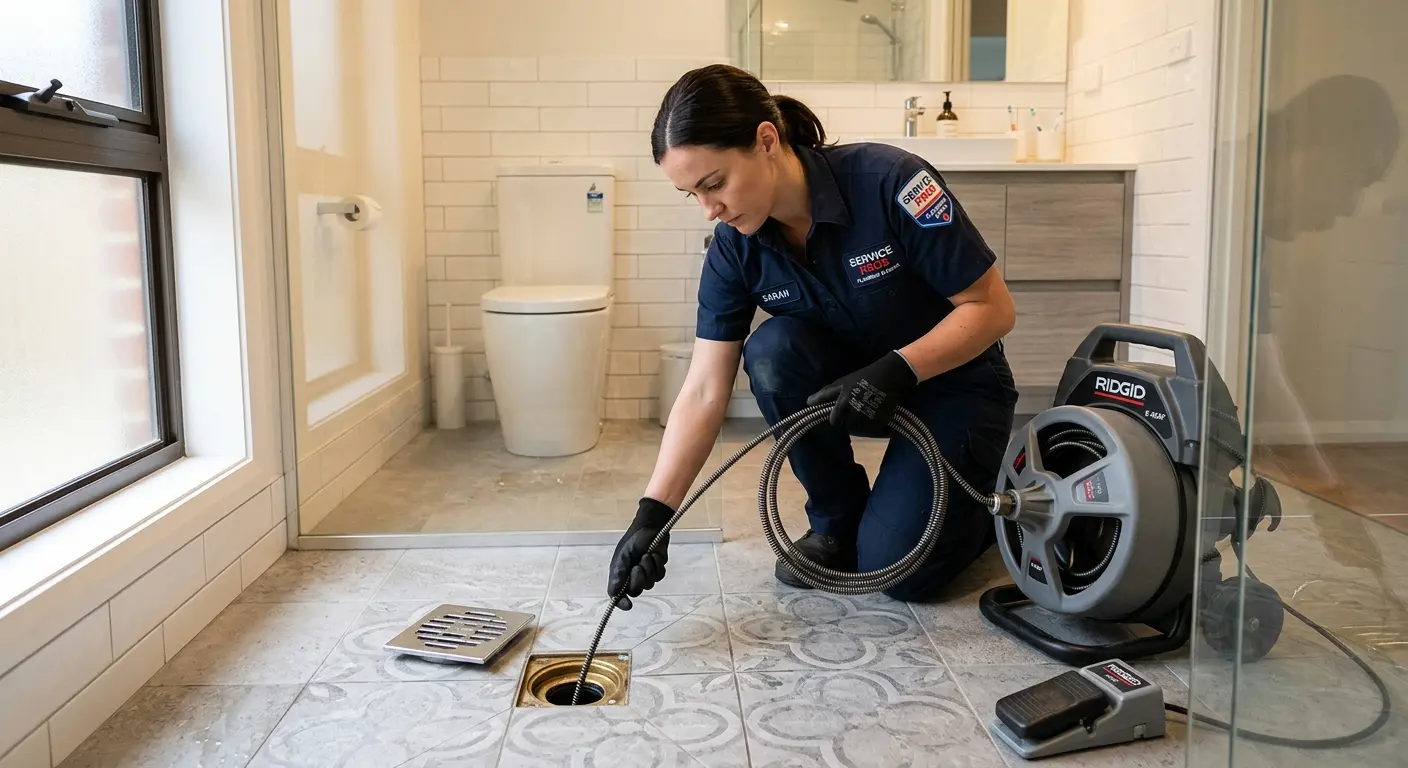 Technician clearing a bathroom floor drain for Sewer Line Replacement in Ware